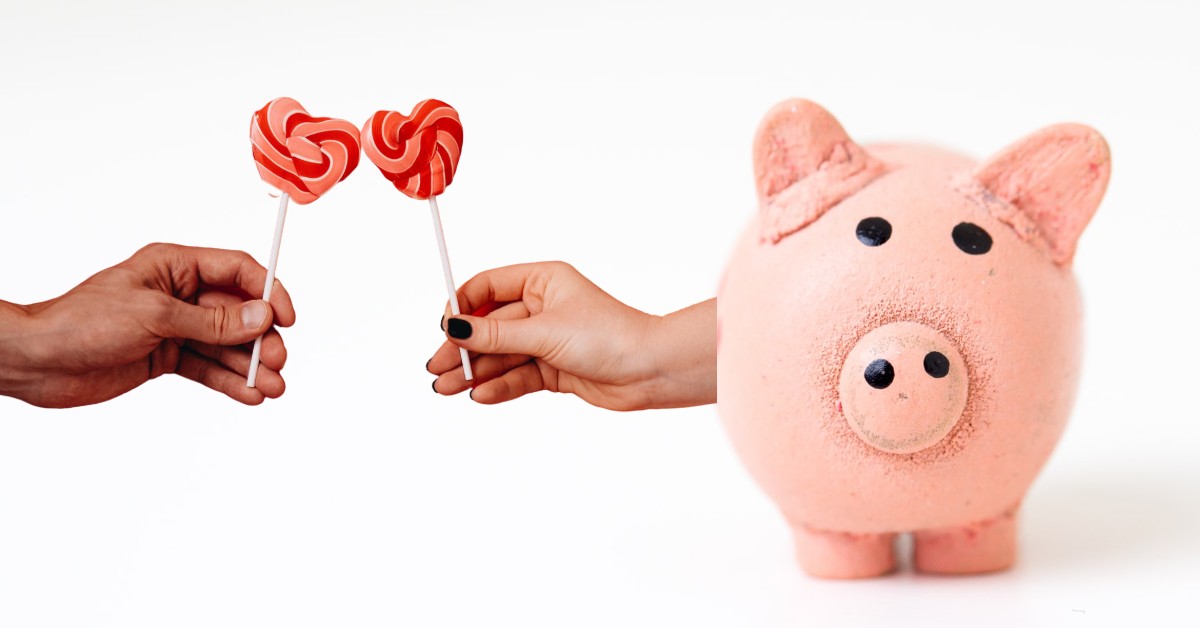 valetines day lollipops and a piggy bank