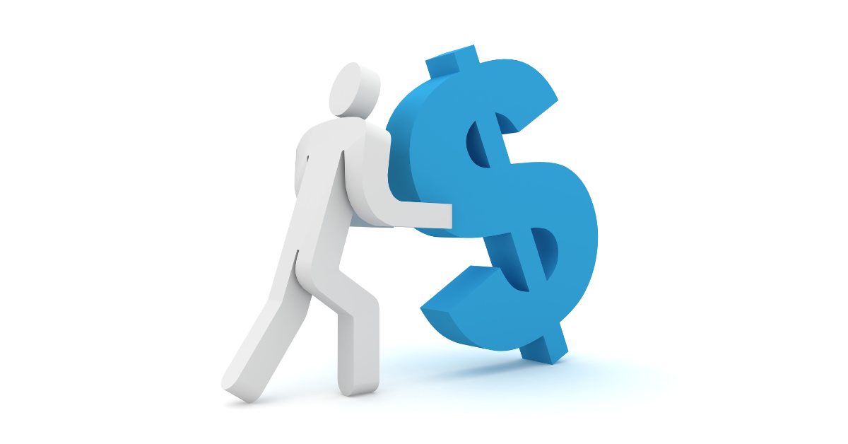 Stick figure pushing dollar sign indicating giving financial assistance