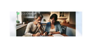 A man and a woman are sitting at a table in their kitchen and looking at some papers and a calculator. This image helps illustrate what people might do when they are trying to make ends meet.