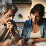 A man and a woman are sitting at a table in their kitchen and looking at some papers and a calculator. This image helps illustrate what people might do when they are trying to make ends meet.