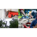 A wrench on a leaking pipe, an EMT heading to a patient, a street with trees that have fallen over, and an auto mechanic in front of cars make up this collage to help illustrate emergency installment loans and what you need to know.