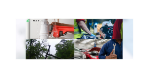 A wrench on a leaking pipe, an EMT heading to a patient, a street with trees that have fallen over, and an auto mechanic in front of cars make up this collage to help illustrate emergency installment loans and what you need to know.
