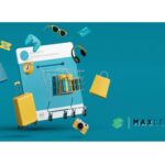 Illustration of a digital shopping cart with various items like a suitcase, headphones, shopping bags, and electronics, representing online shopping and the digital economy. MaxLend logo in the bottom right corner.