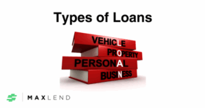 Stack of red books labeled “Vehicle,” “Property,” “Personal,” and “Business” under the heading “Types of Loans.” The MaxLend logo appears in the corner on a clean white background.