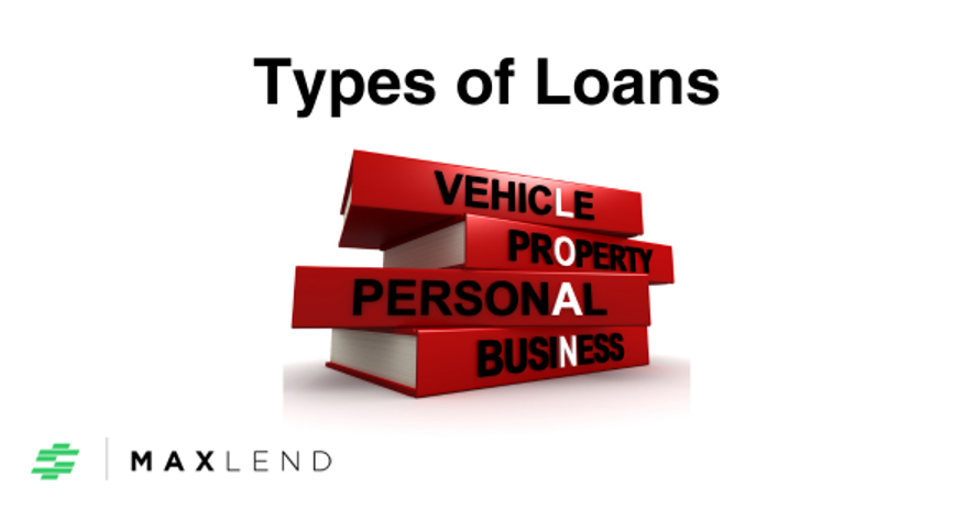 Stack of red books labeled “Vehicle,” “Property,” “Personal,” and “Business” under the heading “Types of Loans.” The MaxLend logo appears in the corner on a clean white background.